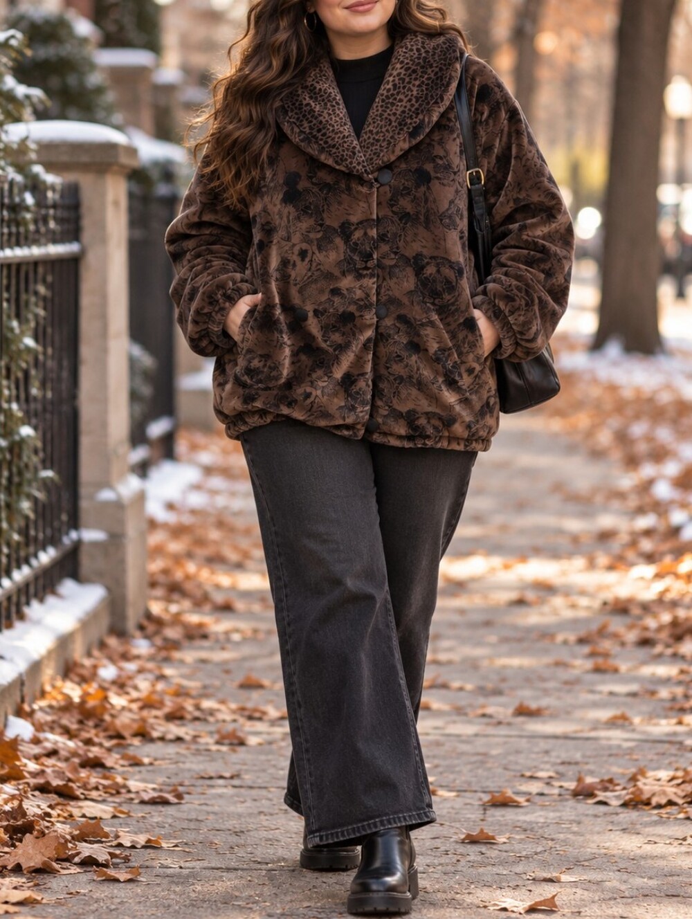 Novelti Brown Floral Velour Teddy Jacket Leopard Shawl Collar Boho Y2K Winter